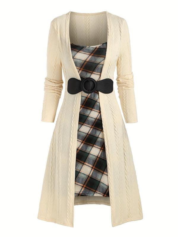 Women's Colorblock Plaid Print Open Front Dress, Casual Slim-fitting Long Sleeve Dress for Fall & Winter, Women's Knitwear for Daily Wear