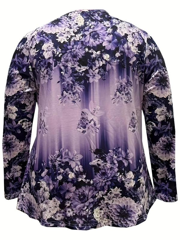  Floral Print Button Front V Neck Tee, Casual Long Sleeve T-shirt for Spring & Fall, Women's Clothes for Daily Wear