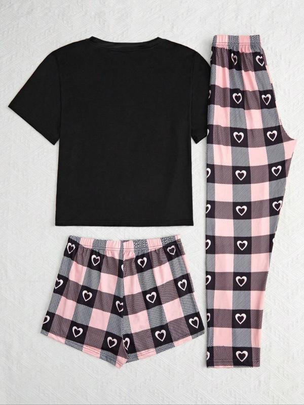 3 Piece Set Women's Heart Print Tee & Plaid Print Pants & Shorts Pajama Set, Pajama Sets Women, PJ Sets for Women, Comfort Short Sleeve T-shirt & Elastic Waist Shorts & Trousers Lounge Set, Summer Wear 2024, Summer Clothes Women 2 Piece Set