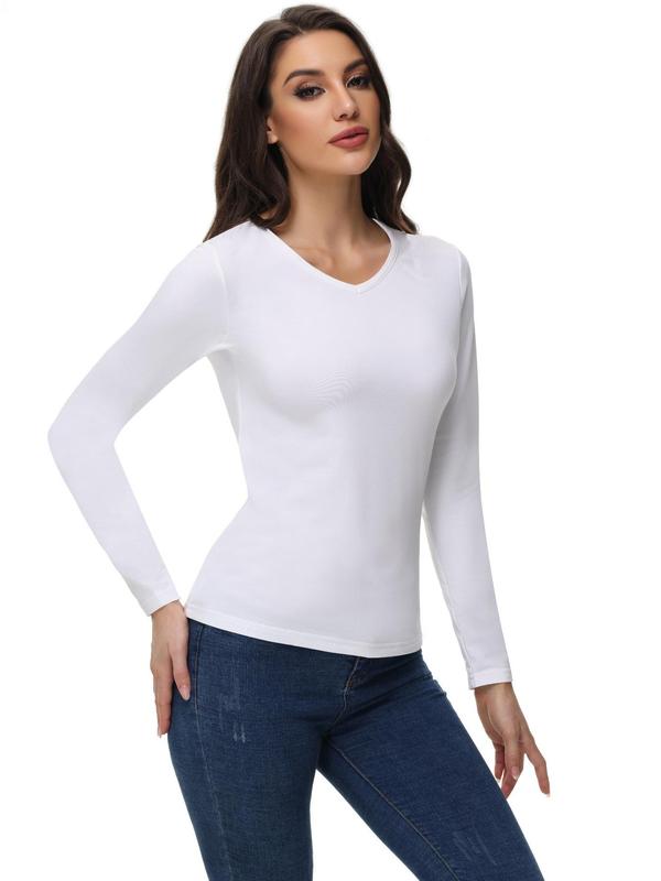 Women's Solid Long Sleeve Sports  Thermal Underwear Top, Casual Comfy V Neck Sports Top for Daily Wear, Ladies Sportswear for All Seasons