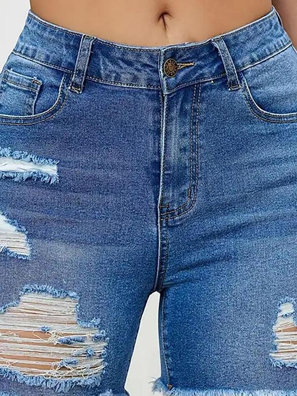 Women's Ripped Raw Hem High Waist Denim Shorts, Casual Pocket Button Fly Skinny Jean Shorts for Summer, Fashion Bottoms for Daily Wear