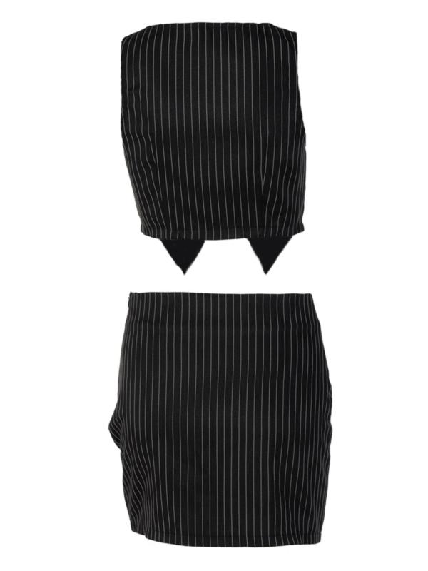 Two-Piece Set Women's Striped Button Front Crop Vest Top & Zipper Skirt Two-piece Set, V Neck Sleeveless Top & Bodycon Skirt Set for Summer, Casual Fashion Women's Two-piece Outfits for Daily Wear, Downtown Girl Clothes