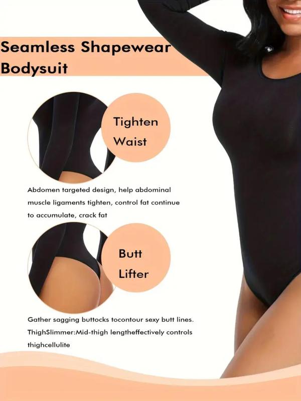 Women's Solid Scoop Neck Long Sleeve Shapewear Bodysuit, Adjustable Hook Closure Tummy Control Butt Lifting Seamless Shaper, Women's Shapewear for Daily Wear