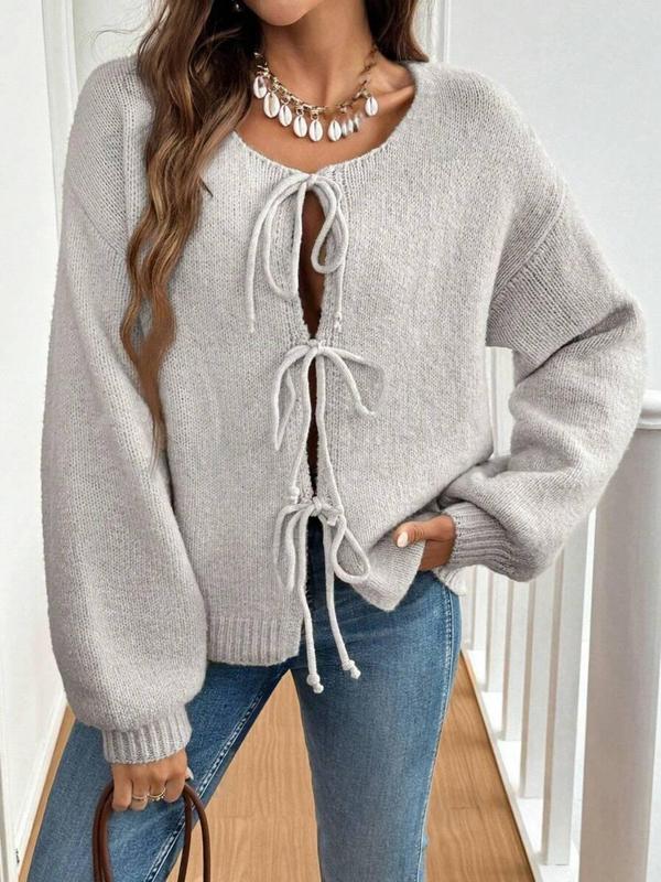 Women's Solid Color Tie Front Drop Shoulder Cardigan, Casual Long Sleeve Knitwear for Fall & Winter, Fashion Women's Knit Clothing for Daily Wear