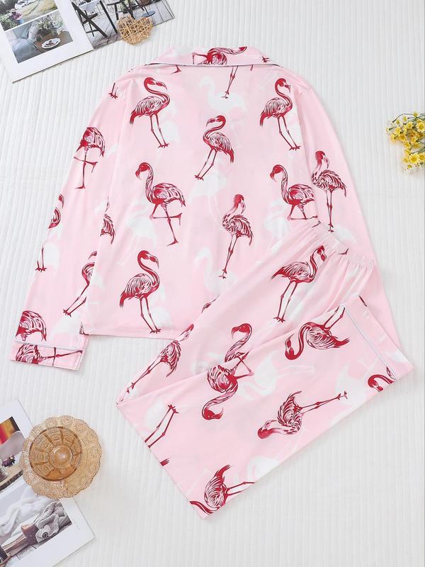 Womenswear All Over Flamingo Print Button Front Blouse & Pants Pyjama Two-piece Set, Homewear Comfy Lapel Collar Long Sleeve Top & Elastic Waist Trousers Pj Set, Pajama Sets Women, Women's Sleepwear for Spring & Fall, Fall Wear, Fallfreshness