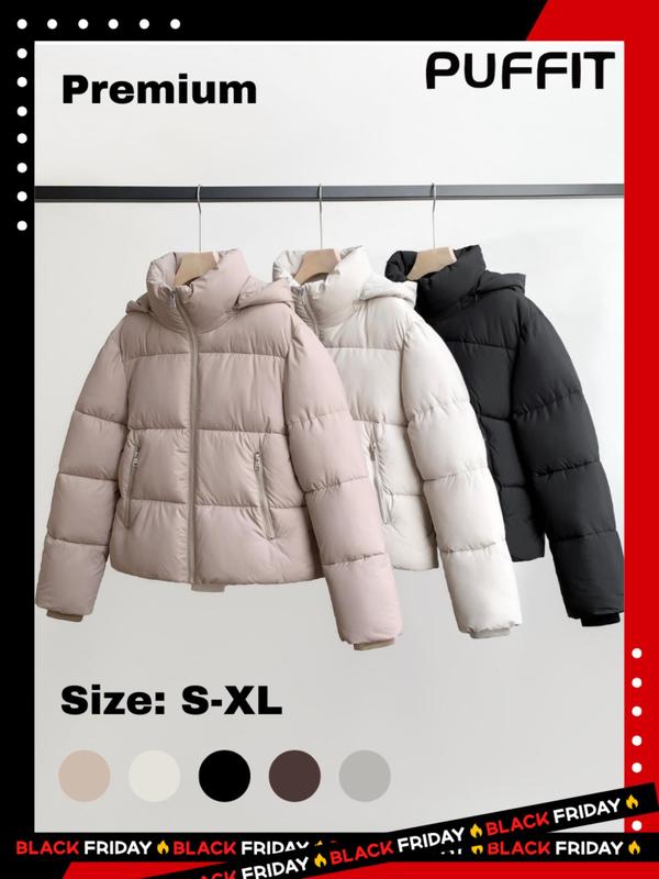 Women's Solid Zip Up Pocket Hooded Warm Puffer Jacket, Casual Windproof Waterproof Long Sleeve Outerwear Coat for Fall & Winter Daily Wear