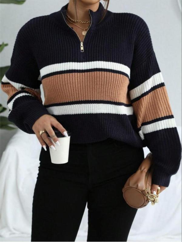  Colorblock Striped Print Zip Up Mock Neck Sweater, Fall Sweaters for Women, Casual Drop Shoulder Long Sleeve Jumper for Fall & Winter, Sweaters for Women, Women's Plus Clothing for Daily Wear