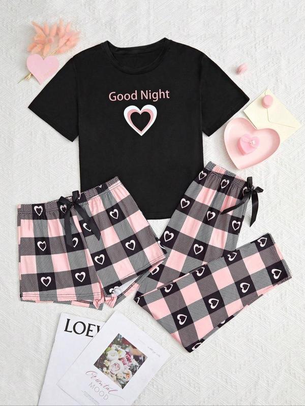 3 Piece Set Women's Heart Print Tee & Plaid Print Pants & Shorts Pajama Set, Pajama Sets Women, PJ Sets for Women, Comfort Short Sleeve T-shirt & Elastic Waist Shorts & Trousers Lounge Set, Summer Wear 2024, Summer Clothes Women 2 Piece Set