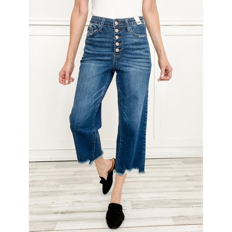 Judy Blue ROXANNE Hi-Rise Button Fly Distressed Hem Cropped Wide Leg Jeans