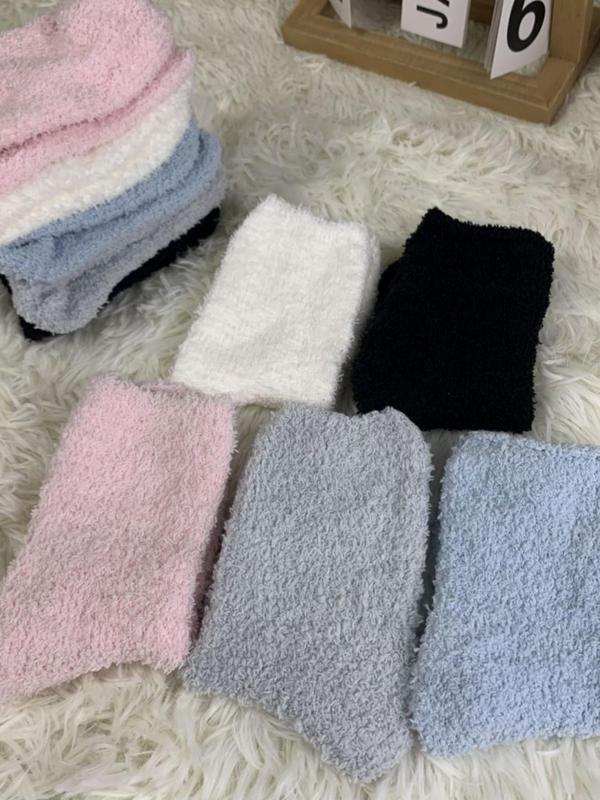 Women's Solid Matching Fuzzy Socks, Casual Comfy Coral Fleece Crew Socks, Winter Warm Socks for Women & Girls, Cute Socks for Gift, Fall Wear, Fallfreshness