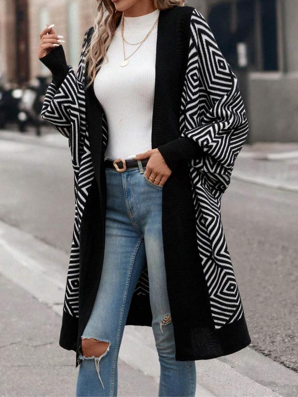 Women's Colorblock Geometric Print Batwing Sleeve Cardigan, Casual Long Sleeve Open Front Knitwear for Fall & Winter, Cardigan for Women, Fashion Women's Knit Clothing for Daily Wear, Fall Clothes