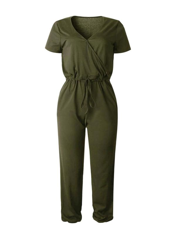 Women's Plain Wrap V Neck Pocket Drawstring Jumpsuit, Casual Solid Tee Jumpsuit for Summer, Fashion Ladies' Clothes for Daily Wear