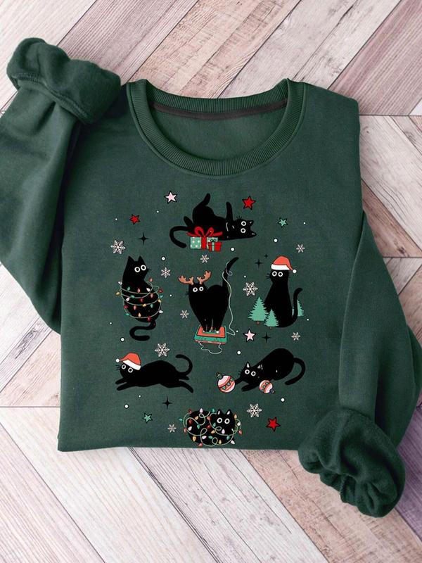 Women's Cartoon Cat Print Crew Neck Sweatshirt, Casual Long Sleeve Pullover, Women's Fall & Winter Clothes for Daily Wear