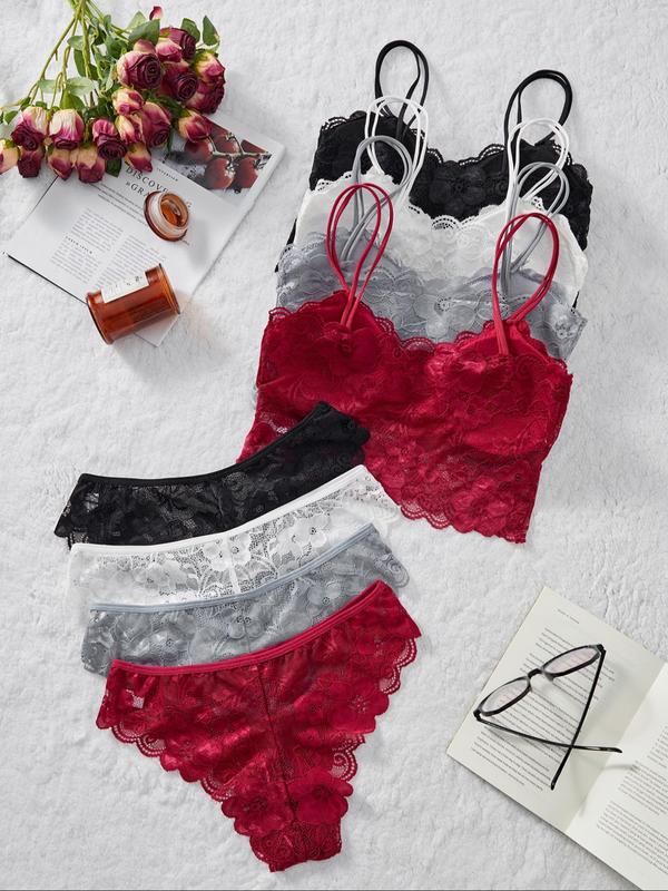 Women's Floral Lace Bralette & Panty Set, Soft Comfy Breathable Double Straps Wireless Bra & Knicker Set, Underwear Set for Women