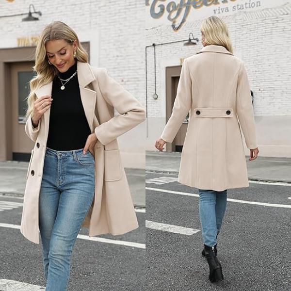 SCUSTY Women Winter Wool Blend Camel Mid-Long Coat Notch Double-Breasted Lapel Jacket Outwear