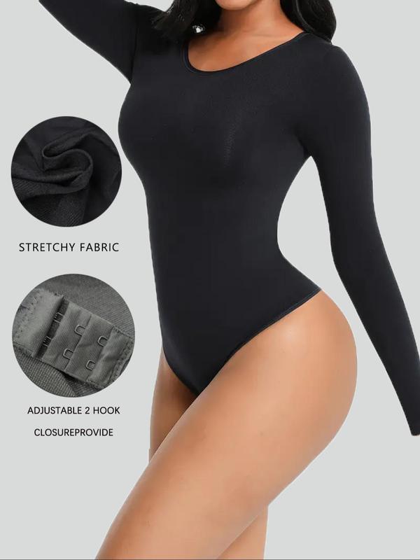 Women's Solid Scoop Neck Long Sleeve Shapewear Bodysuit, Adjustable Hook Closure Tummy Control Butt Lifting Seamless Shaper, Women's Shapewear for Daily Wear