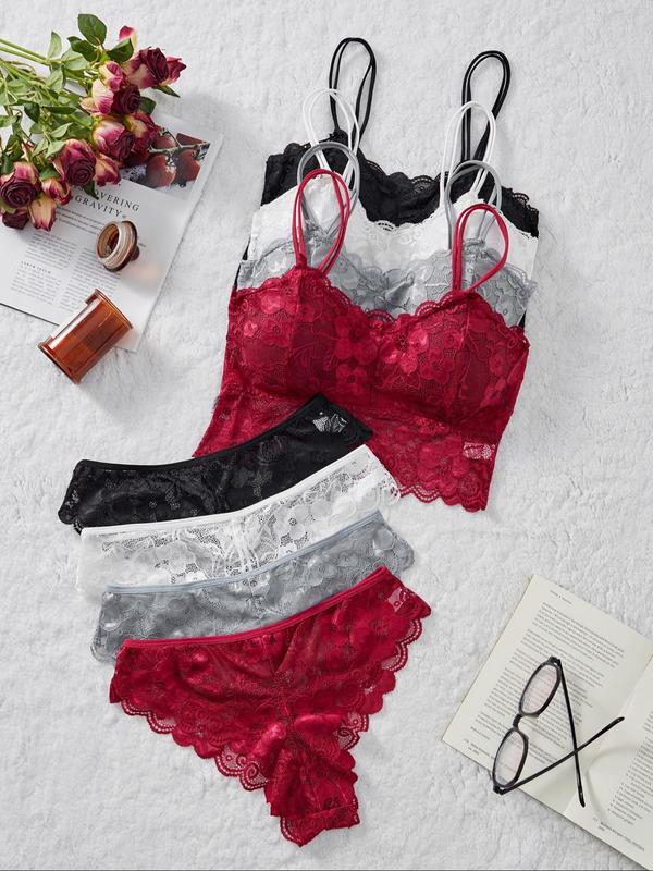 Women's Floral Lace Bralette & Panty Set, Soft Comfy Breathable Double Straps Wireless Bra & Knicker Set, Underwear Set for Women