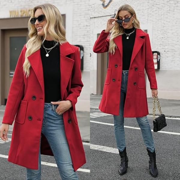 SCUSTY Women Winter Wool Blend Camel Mid-Long Coat Notch Double-Breasted Lapel Jacket Outwear