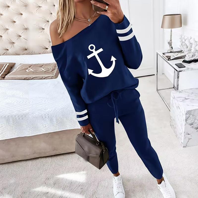 ChicMe Women's 2 Piece Outfit Nope Not Today Print Skew Neck Long Sleeve Pullover Top with Stretchy Waist Long Pants Tracksuit Jogger Set Casual Fabric