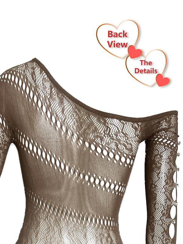 Plus Size Contrast Lace Sheer Shapewear Romper, Chic Asymmetrical Neck Long Sleeve Shapewear Romper, Fashion Comfy Women's Shapewear for All Seasons