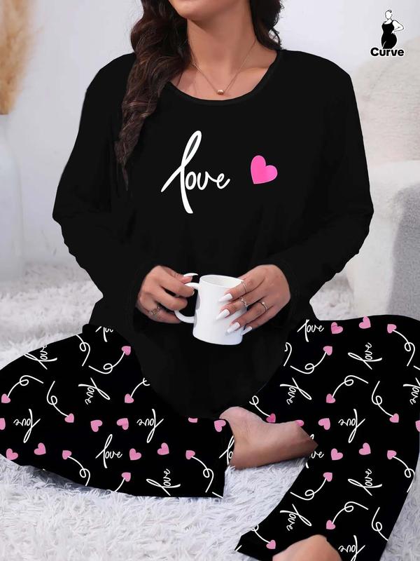 Plus Size Two-Piece Set Heart Print Tee & All Over Print Elastic Waist Pants Pyjama Set, Casual Soft Comfortable Long Sleeve Round Neck T-shirt & Trousers Loungewear Set, Women's Sleepwear for Spring & Fall