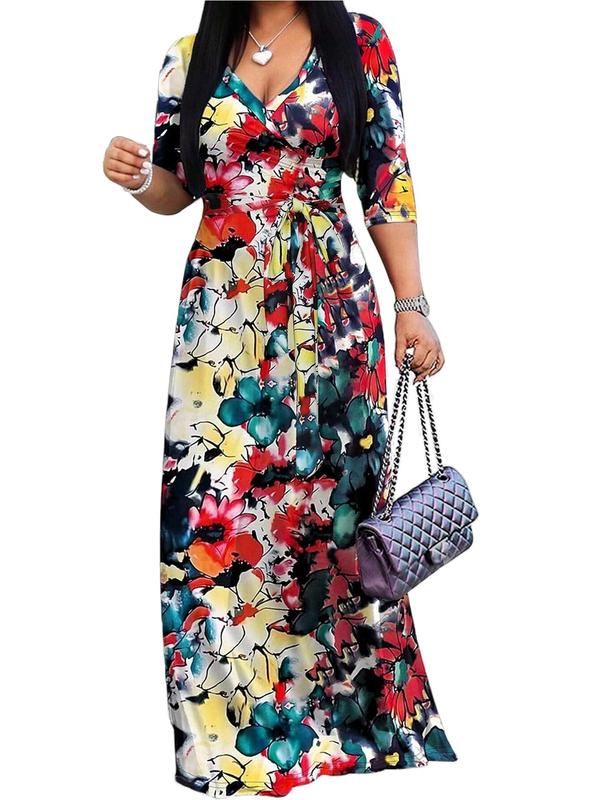 Women's Colorblock Floral Print 3 4 Sleeve A Line Dress with Belt, Casual V Neck Long Dress for Summer, Ladies Clothes for Daily Wear