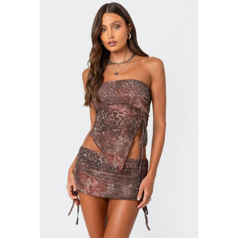 Tiana Printed Mesh Asymmetric Tube Top