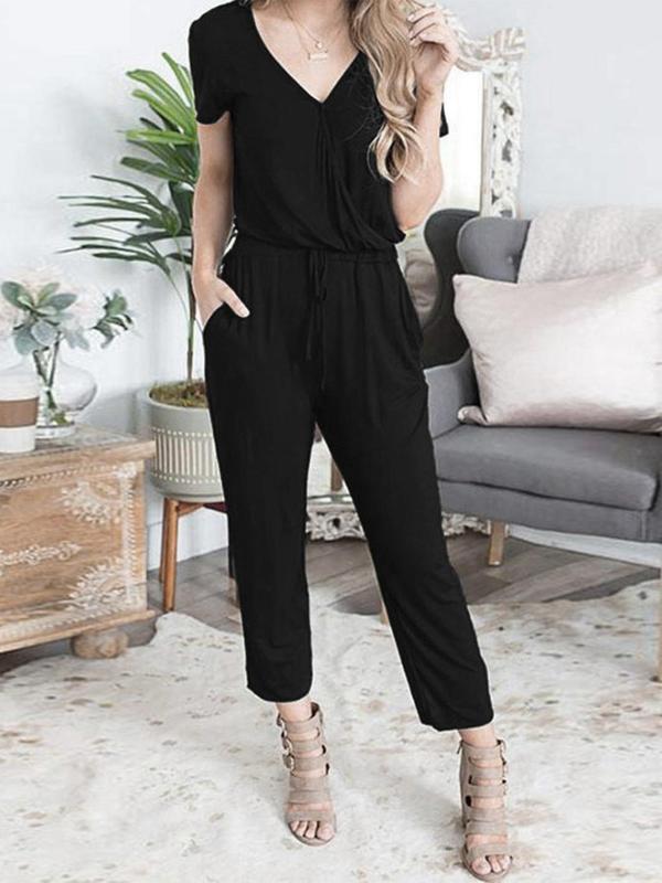 Women's Plain Wrap V Neck Pocket Drawstring Jumpsuit, Casual Solid Tee Jumpsuit for Summer, Fashion Ladies' Clothes for Daily Wear