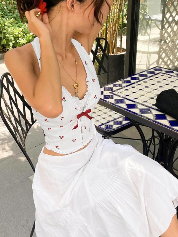 Women's Cherry Print Lace Trim Bow Decor Halter Top, Casual Tie Backless Deep V Neck Button Front Crop Top for Summer, Ladies Clothes for Daily Wear