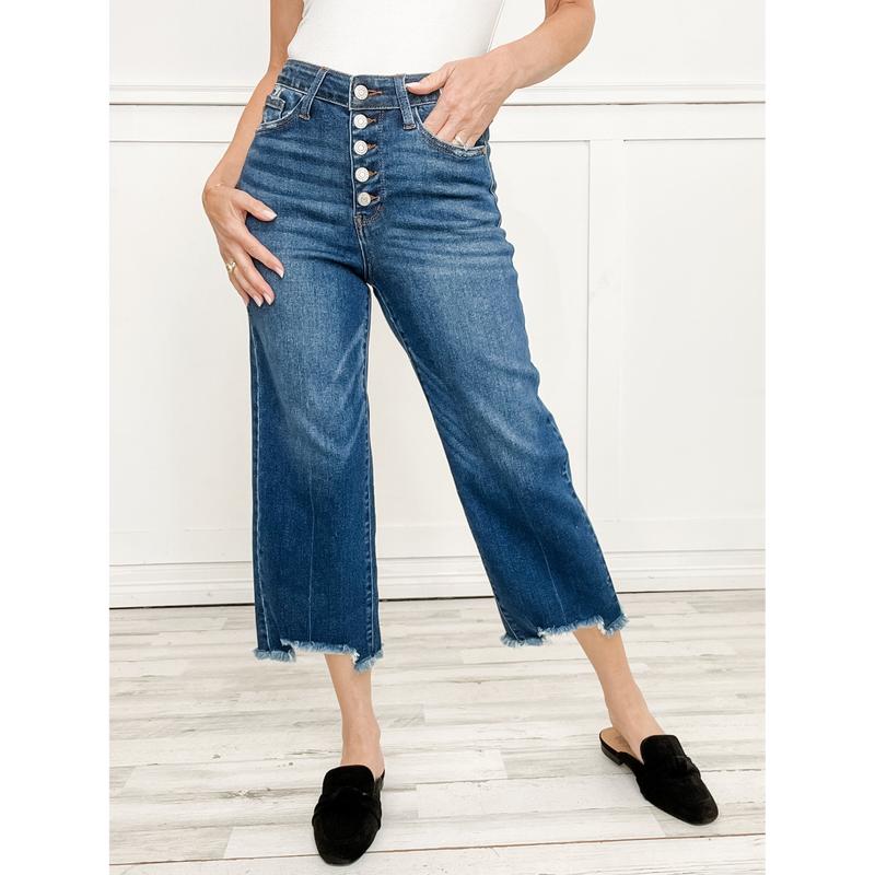 Judy Blue ROXANNE Hi-Rise Button Fly Distressed Hem Cropped Wide Leg Jeans