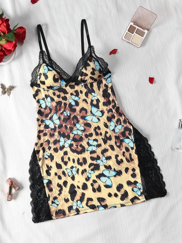 Women's Leopard Print Bow Decor Contrast Lace Cami Nightdress, Night Gown for Women, Adjustable Spaghetti Strap Nightgown, Soft Comfortable Sleepwear for Women