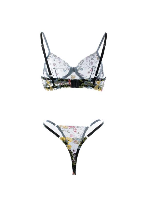 Women's Floral Embroidery Underwire Bra & Thong Sheer Tulle Underwear Set, Casual Elegant Adjustable Strap Bra & Panty Underwear Set, Lingerie Set for Women