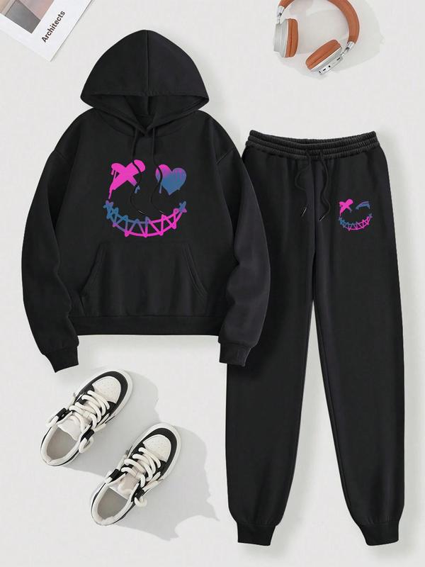  Two-Piece Set Pocket Drawstring Hoodie & Sweatpants Set, Casual Long Sleeve Hooded Sweatshirt & Jogger Pants, Women's Fall & Winter Clothes