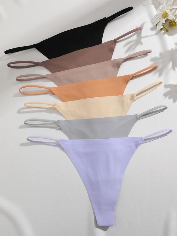 Women's 7pcs Solid Color Thong, Comfort Basic Panties for Lady, Summer Wear, Comfy Breathable Seamless Panty for Daily Wear, Women's Underwear for All Seasons, Minimalist Womenswear