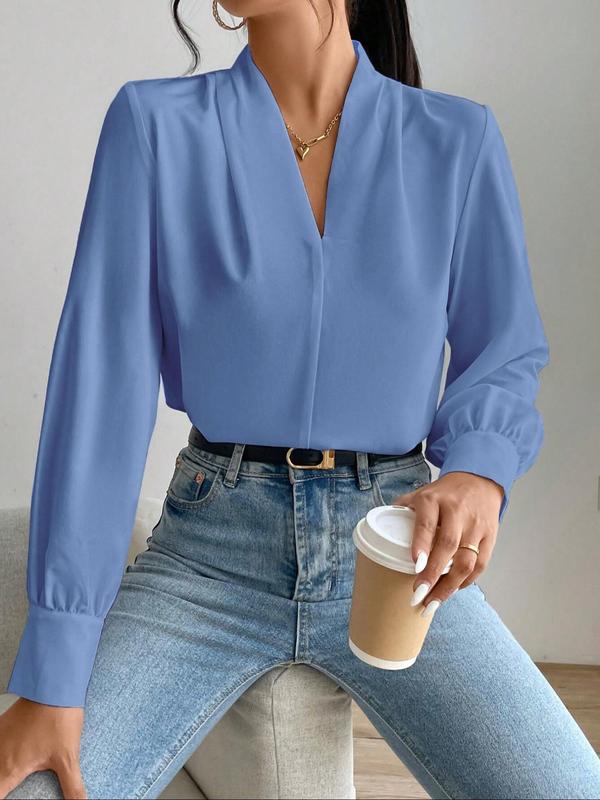 Women's Plain V Neck Long Sleeve Blouse, Casual Solid Color Top for Daily Wear, Ladies Clothes for All Seasons