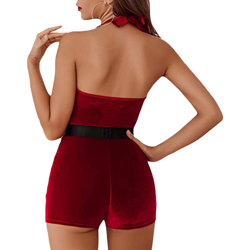 Women's Mrs. Claus Costume, Sleeveless Faux Fur Trim Halter Romper Short Jumpsuit