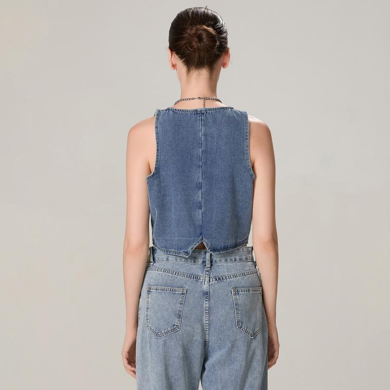 Women's Denim Vest Sleeveless V-Neck Button Vest with Pockets Denim T-Shirt Suitable for Casual Street Wear Womenswear Check