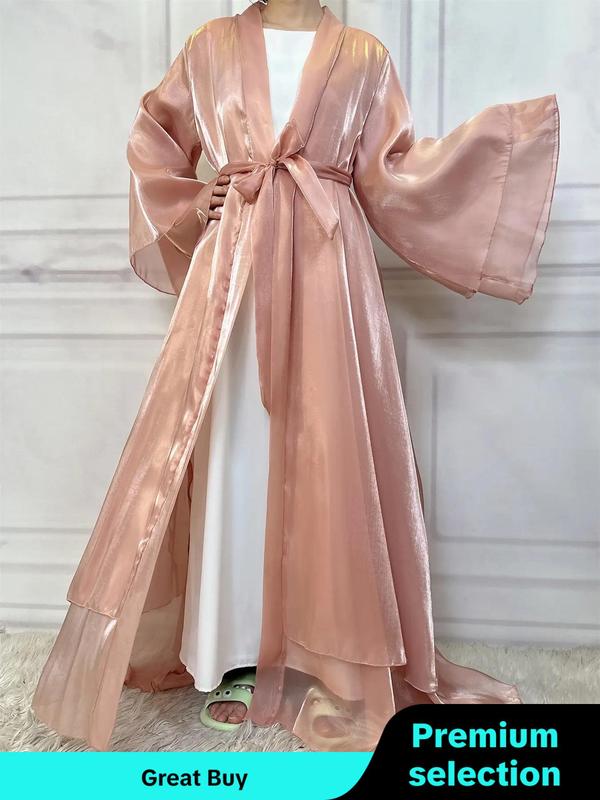 Women's Solid Color Belted Flounce Sleeve Satin Lounge Robe, Elegant Tiered Layer Long Sleeve Dressing Gown, Women Nightwear, Ladies Sleepwear for Spring & Fall, Fall Wear, Fallfreshness, Fall Clothing