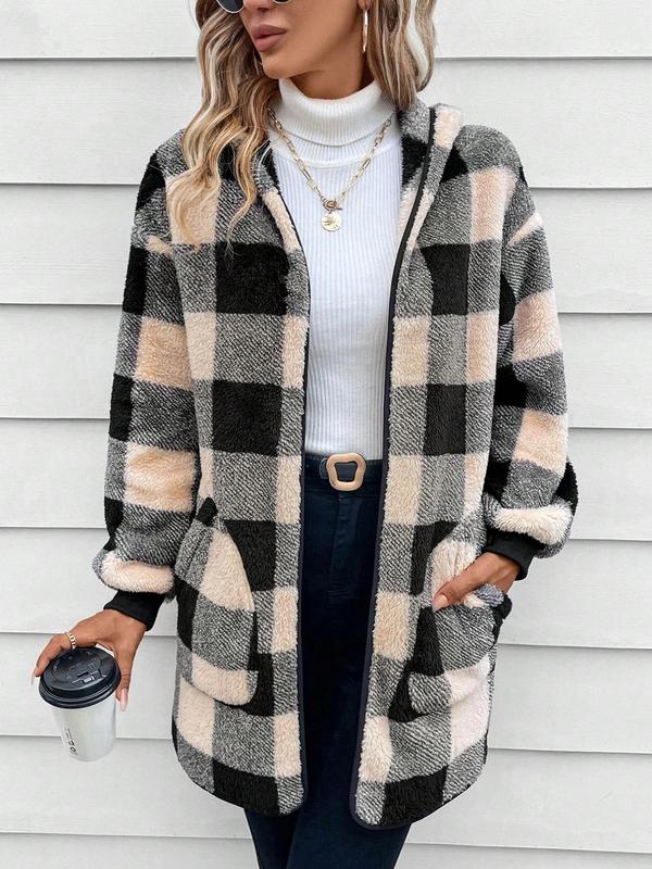 Women's Plaid Print Drop Shoulder Hooded Fleece Jacket, Casual Long Sleeve Pocket Outerwear for Fall & Winter, Ladies Clothes for Daily Wear