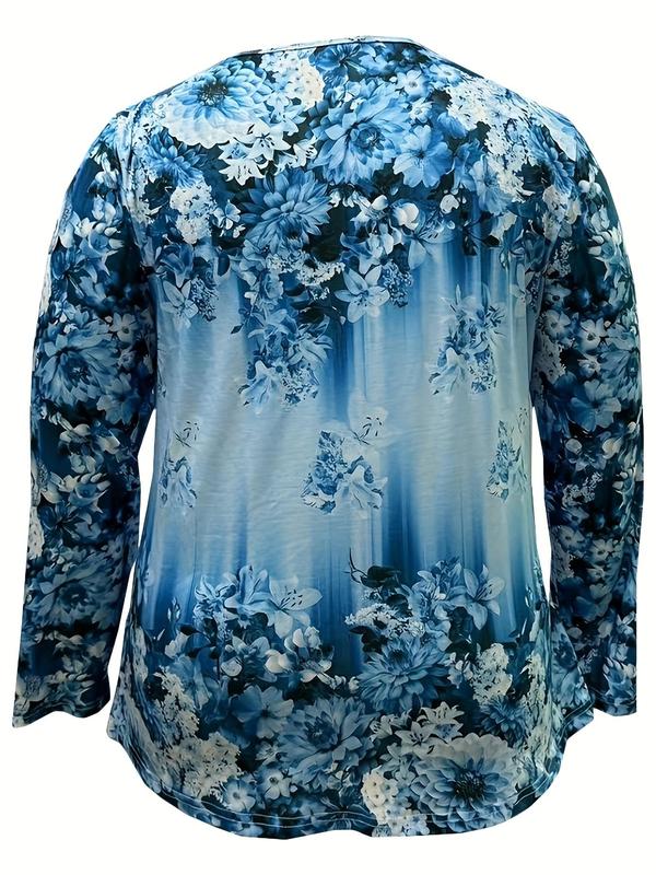  Floral Print Button Front V Neck Tee, Casual Long Sleeve T-shirt for Spring & Fall, Women's Clothes for Daily Wear