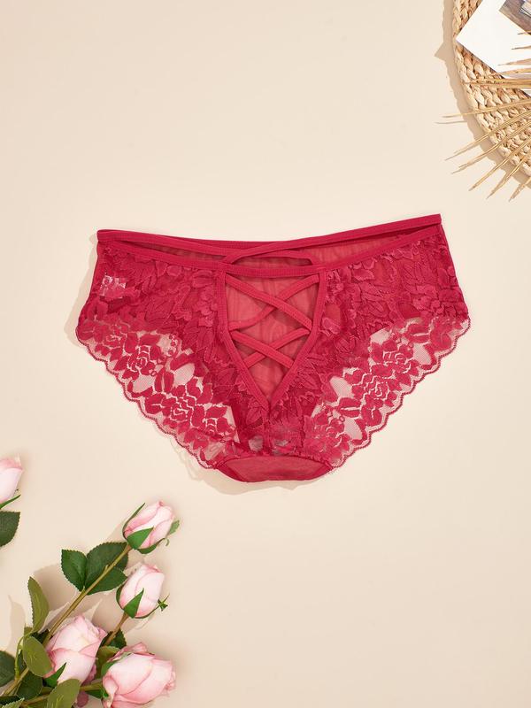  Floral Lace Criss Cross Panty, Soft Comfy Breathable Sheer Knicker for Daily Wear, Women's Underwear for All Seasons