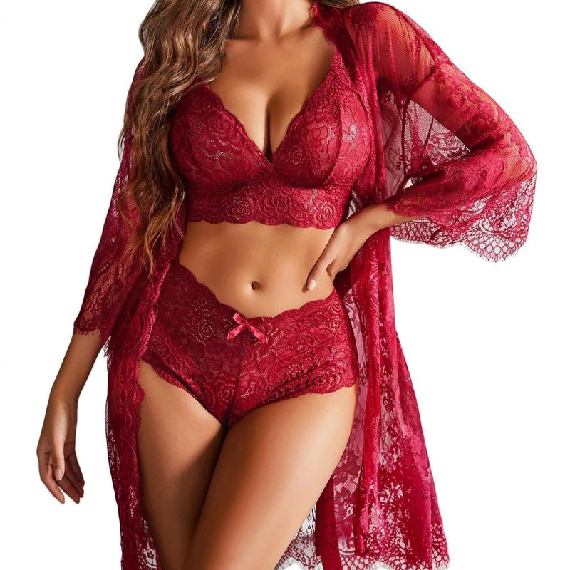 Avidlove Womenswear Women Glamour Lingerie Set 3 Piece Bra and Panty Sets with Lace Kimono Robe Sleepwear Mesh Nightgown Black Friday