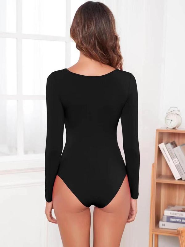 Women's Solid Scoop Neck Long Sleeve Shapewear Bodysuit, Adjustable Hook Closure Tummy Control Butt Lifting Seamless Shaper, Women's Shapewear for Daily Wear