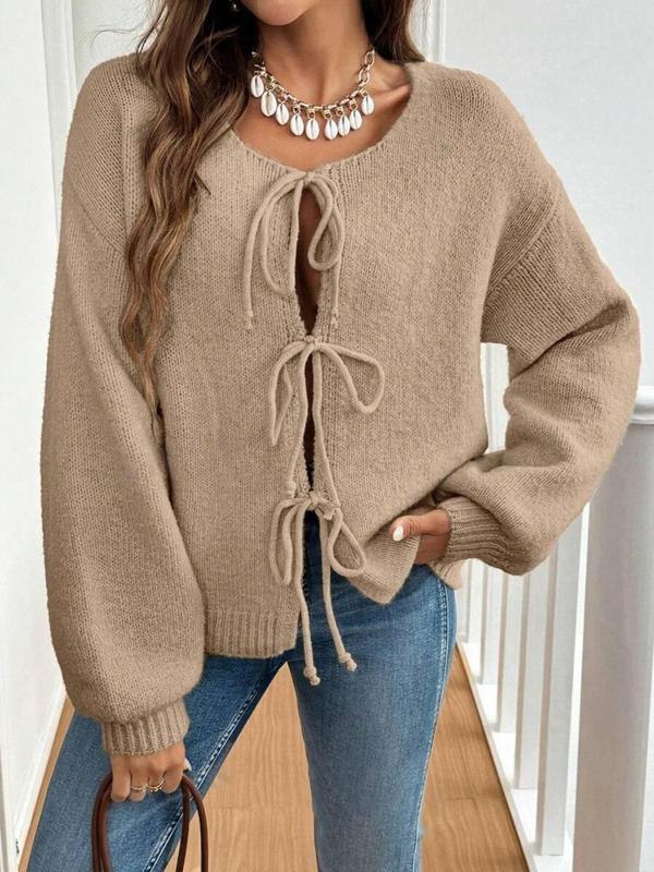 Women's Solid Color Tie Front Drop Shoulder Cardigan, Casual Long Sleeve Knitwear for Fall & Winter, Fashion Women's Knit Clothing for Daily Wear