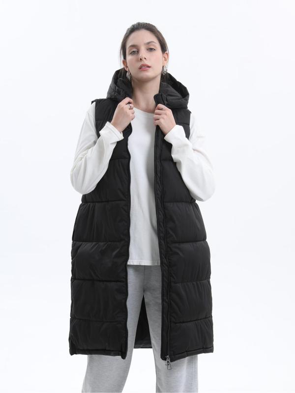 Women's Solid Pocket Zip Up Hooded Puffer Vest Coat Long Puffer Gilet, Winter Clothes Women, Casual Warm Sleeveless Waterproof Thermal Outerwear for Fall Winter Daily Wear