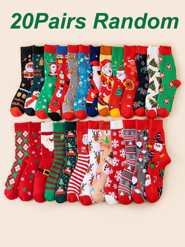 Random Women's Christmas Themed Print Crew Socks, Casual Comfortable Breathable Mid-calf Socks for Daily Wear, Women's Socks for All Seasons