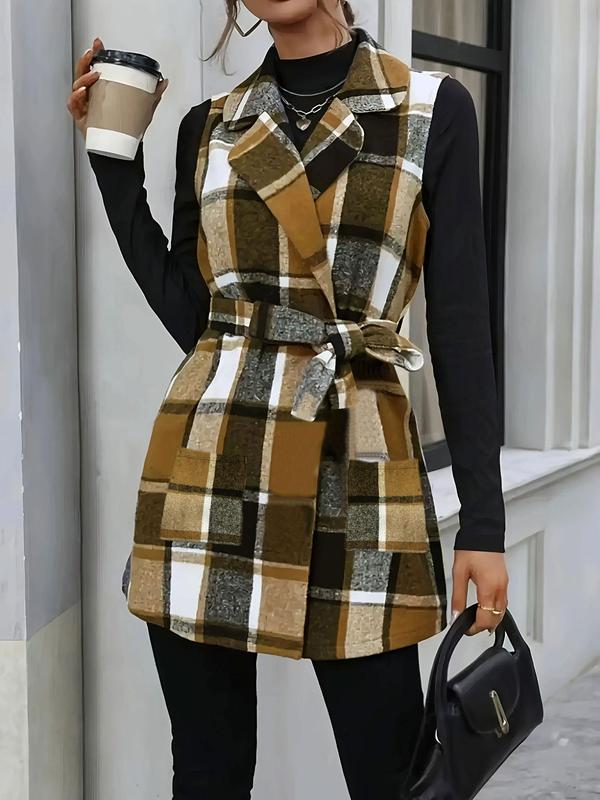  Plaid Print Button Belted Vest Coat, Casual Lapel Sleeveless Outerwear for Fall & Winter, Women's Clothes for Daily Wear