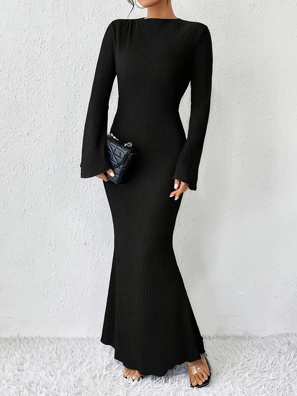 Women's Plain Flounce Sleeve Mermaid Dress, Elegant Long Sleeve Round Neck Dress for Party Evening Formal Occasions, Ladies' Clothes for All Seasons