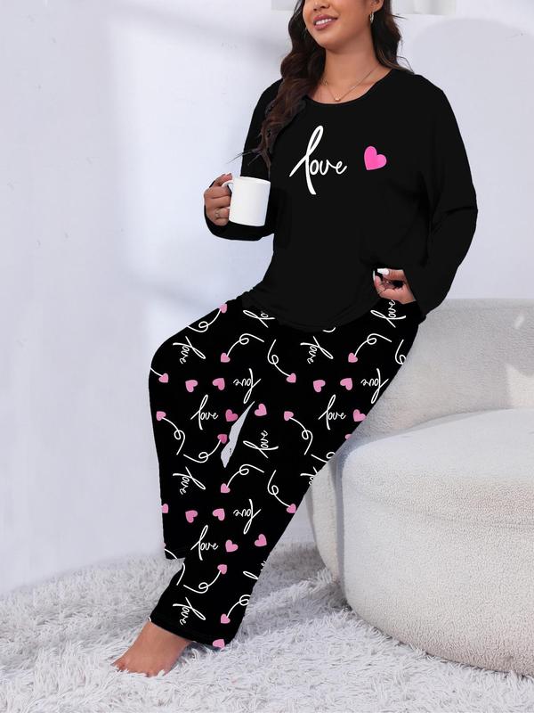 Plus Size Two-Piece Set Heart Print Tee & All Over Print Elastic Waist Pants Pyjama Set, Casual Soft Comfortable Long Sleeve Round Neck T-shirt & Trousers Loungewear Set, Women's Sleepwear for Spring & Fall