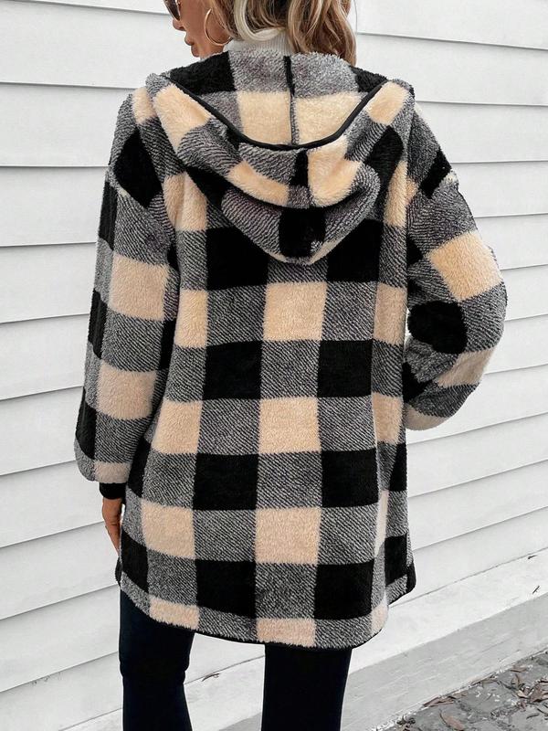 Women's Plaid Print Drop Shoulder Hooded Fleece Jacket, Casual Long Sleeve Pocket Outerwear for Fall & Winter, Ladies Clothes for Daily Wear